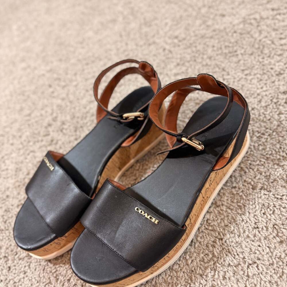 Coach Cork Platform Sandals Black Leather Ankle Strap Women Size 9.5 EUC